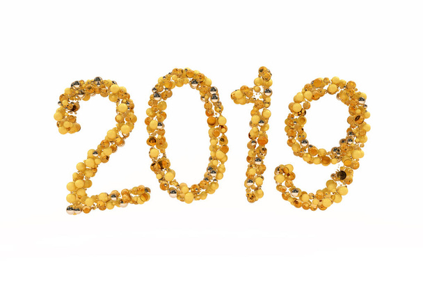 Happy New Year 2019. Isolated Holiday 3d illustration composed of balls in yellow tones of numbers 2019. Realistic 3d sign. Festive poster or banner design. - Фото, зображення