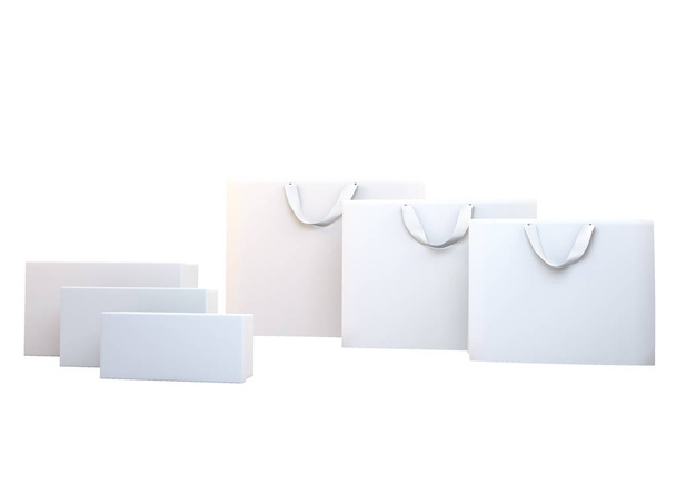 Izolované bílé nákupní tašky a boxy v abstraktní stylu. 3D obrázek - Fotografie, Obrázek