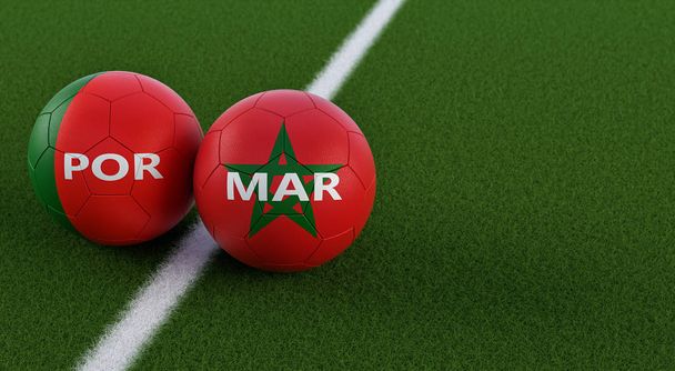 Fußballspiel Portugal gegen Marokko - Fußballbälle in portugiesischen und marokkanischen Nationalfarben auf einem Fußballplatz. Kopierraum auf der rechten Seite - 3D-Rendering  - Foto, Bild