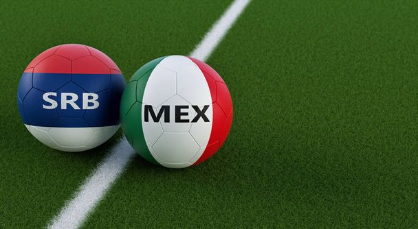 Serbia vs. Mexico Soccer Match - Soccer balls in Serbian and Mexican national colors on a soccer field. Copy space on the right side - 3D Rendering  - Foto, Imagen