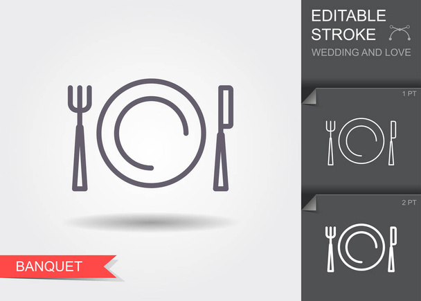 Plate, fork and knife. Line icon with shadow and editable stroke - Vector, Image