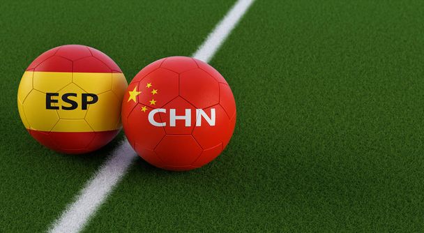 Kína és Spanyolország labdarúgó mérkőzés - futball-labdák, a Chinas és a fradsga nemzeti színekben a futballpályán. Másolja a hely a jobb oldalon - 3d renderelés  - Fotó, kép