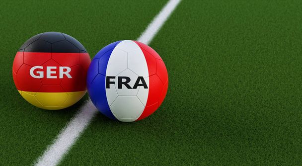 Allemagne vs France Football Match - Balles de football aux couleurs nationales allemande et française sur un terrain de football. Espace de copie sur le côté droit - rendu 3D
  - Photo, image
