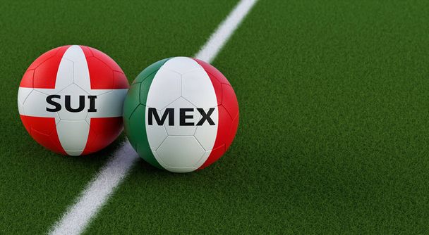 Sveitsi vs. Meksiko jalkapallo ottelu - Jalkapallo pallot Sveitsissä ja Meksikossa kansallisia värejä jalkapallokenttä. Kopioi tilaa oikealla puolella - 3D Renderöinti
  - Valokuva, kuva