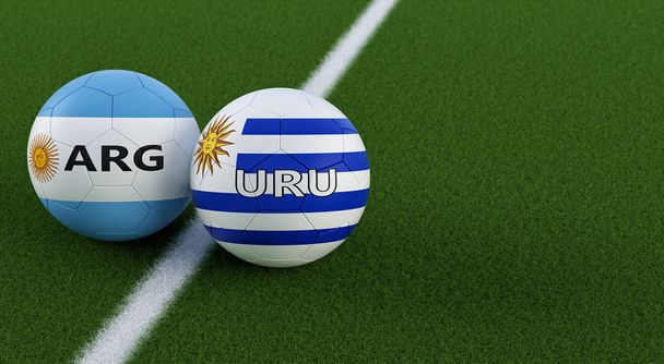 Argentine vs Uruguay Soccer Match - Balles de football aux couleurs argentines et uruguayennes sur un terrain de soccer. Espace de copie sur le côté droit - rendu 3D
  - Photo, image