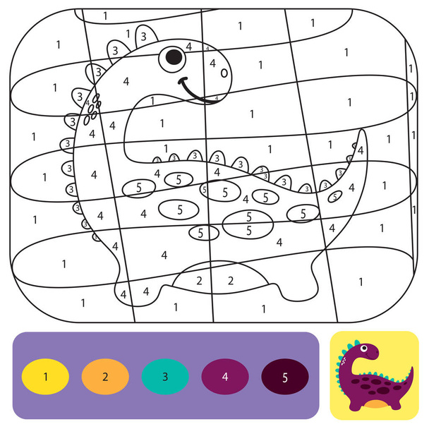 Cute dino coloring page for kids. Printable design coloring book. Coloring puzzle with numbers of color. Black and white draw with color example - Διάνυσμα, εικόνα