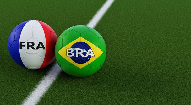 Brazil vs. France Soccer Match - Soccer balls in Brazil and France national colors on a soccer field. Copy space on the right side - 3D Rendering  - Foto, Imagen