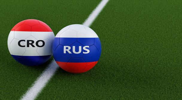 Croatia vs. Russia Soccer Match - Soccer balls in Croatia and Russia national colors on a soccer field. Copy space on the right side - 3D Rendering  - Foto, afbeelding