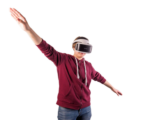 Set of Young man teenager virtual reality headset or 3d glasses, playing video game. Human reaction facial expression emotion concept. various gestures. Isolated. - Foto, afbeelding