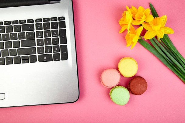 Woman or feminine workspace with laptop, notebook, macarons, and flowers narcissus on pink table. Flat lay. Blogger top view - Фото, изображение