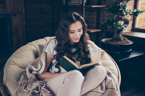 Close up photo sweet beautiful brunette she her lady living room relaxing hot beverage covered blanket reading favorite adventure wearing domestic home apparel clothes outfit sit comfy arm-chair - Фото, изображение