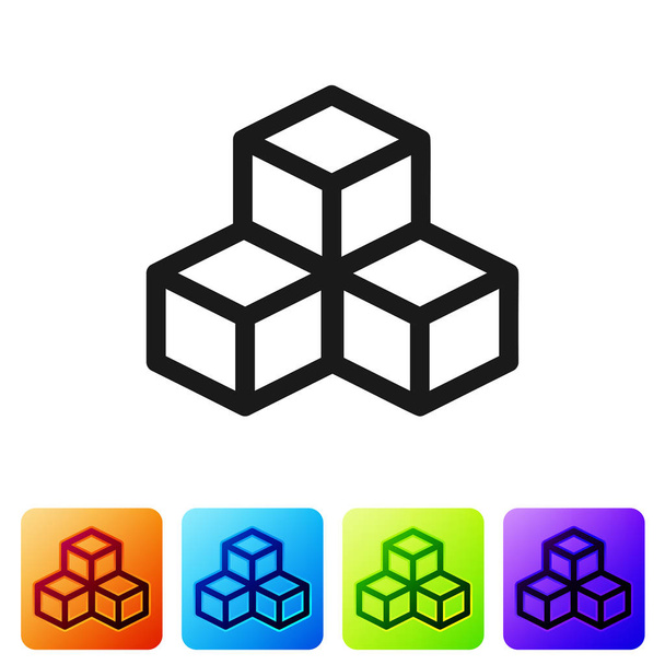 Zwarte isometrische kubus pictogram geïsoleerd op een witte achtergrond. Geometrische kubussen solide pictogram. 3D vierkante teken. Het symbool van het vakje. Het vastgestelde pictogram in vierkante knoppen in kleur. Vectorillustratie - Vector, afbeelding