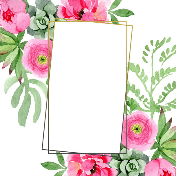 Pink ranunculus floral botanical flowers. Watercolor background illustration set. Frame border ornament square. - Foto, immagini