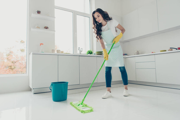 Full length body size photo beautiful busy cheerful hard-working duties she her lady house glad love when it is clean wear jeans denim casual t-shirt covered by cute apron bright light kitchen - 写真・画像