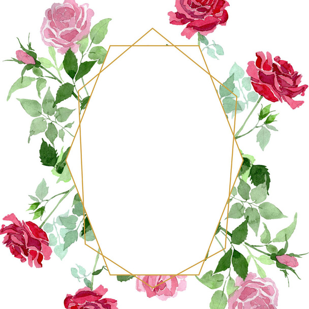 rosa und rote Buschrosen mit botanischen Blüten. Aquarell Hintergrundillustration Set. Rahmen Rand Ornament Quadrat. - Foto, Bild