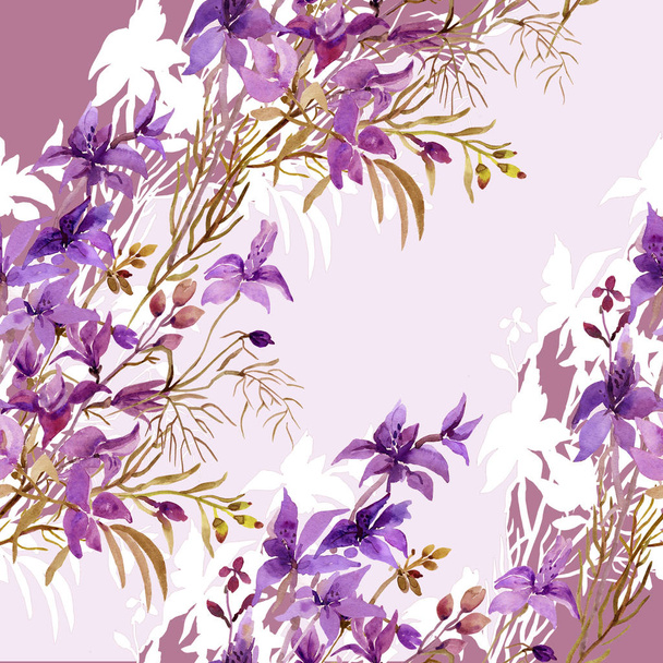 野の花とのシームレスなパターン、色付きの背景上の水彩画のイメージ. - 写真・画像