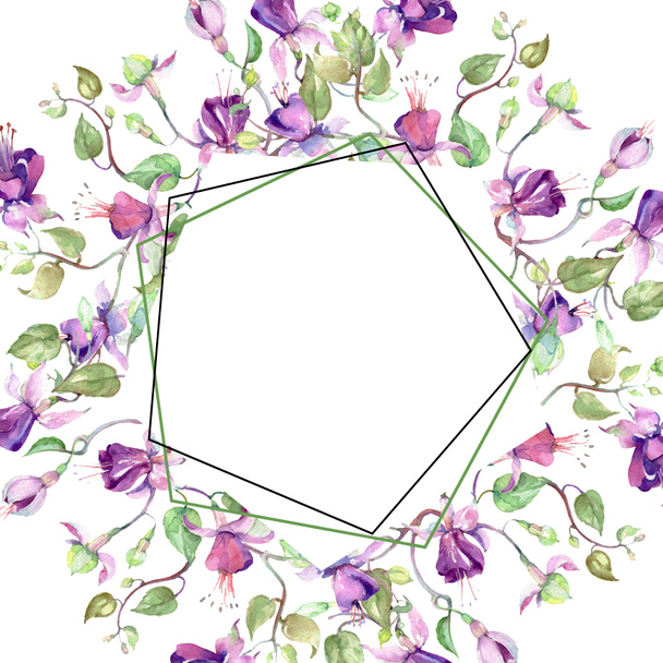 Purple fuchsia bouquet. Floral botanical flower. Watercolor background illustration set. Frame border ornament square. - Zdjęcie, obraz