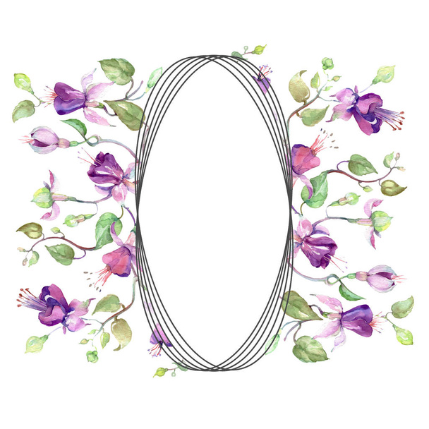 Purple fuchsia bouquet. Floral botanical flower. Watercolor background illustration set. Frame border ornament square. - Foto, Imagen