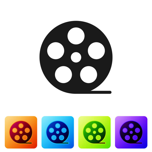 Zwarte Film reel pictogram geïsoleerd op een witte achtergrond. Het vastgestelde pictogram in vierkante knoppen in kleur. Vectorillustratie - Vector, afbeelding