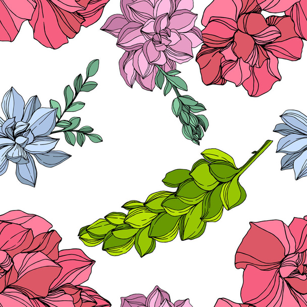 Vettore Giungla botanico fiore succulento. Illustrazione dell'arte dell'inchiostro incisa. Modello di sfondo senza soluzione di continuità
. - Vettoriali, immagini