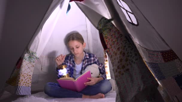 Child Reading, Kid Studying in Night, Girl Playing in Playroom, Learning in Tent - Кадры, видео