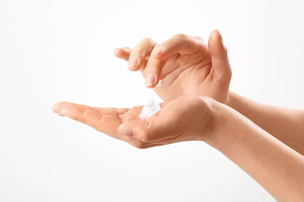 Hand cream.Healthy Hands.Female applying moisturizer to her Hands after bath.Skincare concept - Zdjęcie, obraz