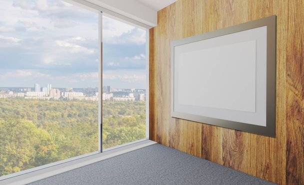 Ein leeres Büro mit Holzwänden und einem großen Fenster. Unternehmenshintergrund 3D-Rendering. Blanko-Gemälde. Attrappe - Foto, Bild