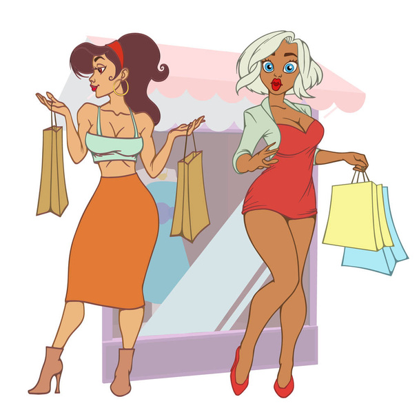 Set of fashion girls with bags in the store. Customer - Vektor, obrázek