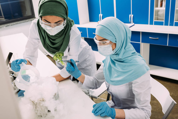 científicas musulmanas que experimentan con hielo seco y brócoli en laboratorio químico
 - Foto, Imagen