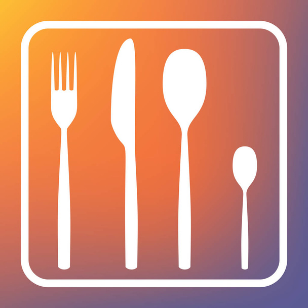 Fork spoon and knife sign. Vector. White icon on transparent button at orange-violet gradient background. - Vector, Image