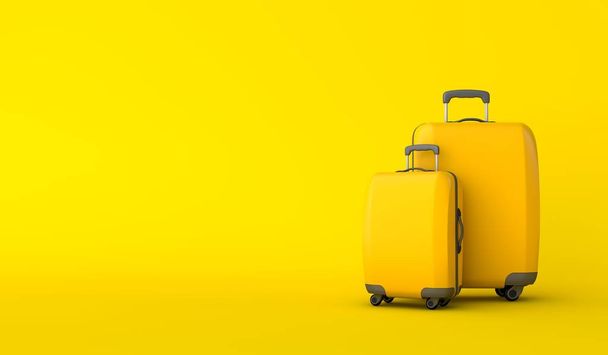 Yellow travel suitcase against a yellow background. 3D Rendering - Fotoğraf, Görsel