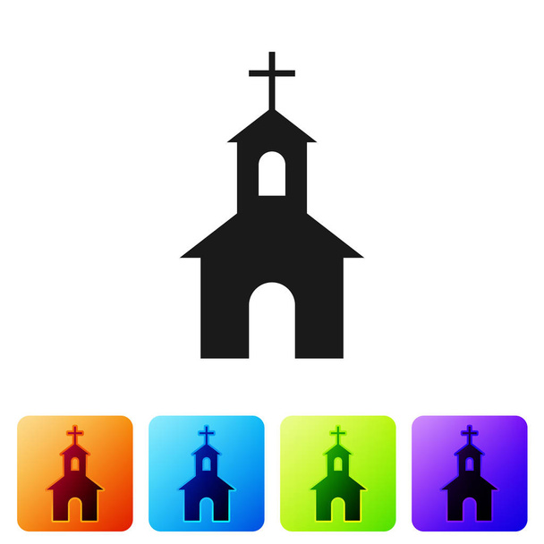 黒教会建物のアイコンは、白い背景で隔離。キリスト教会。教会の宗教。カラー正方形ボタンのアイコンを設定します。ベクトル図 - ベクター画像