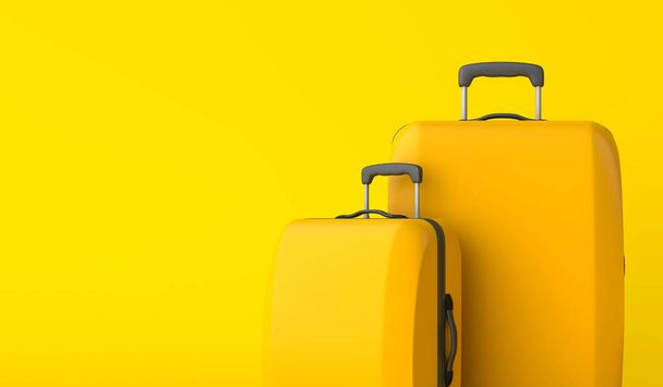 Yellow travel suitcase against a yellow background. 3D Rendering - Fotoğraf, Görsel