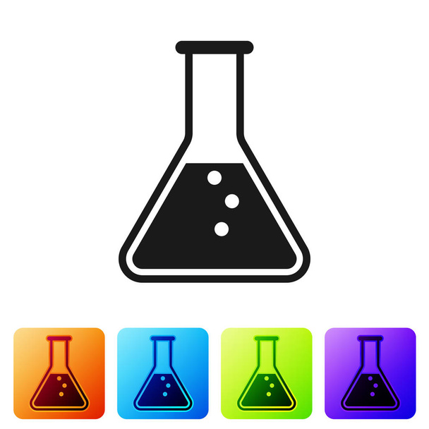 schwarzes Reagenzglas und Kolben - Symbol für chemische Labortests auf weißem Hintergrund isoliert. setzen Sie das Symbol in quadratischen Schaltflächen. Vektorillustration - Vektor, Bild