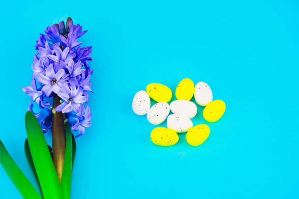 Samenstelling van de lente met bloemen van de hyacint. Feestelijke Pasen concept met beschilderde eieren. De achtergrond is blauw, de plaats voor de handtekening - Foto, afbeelding