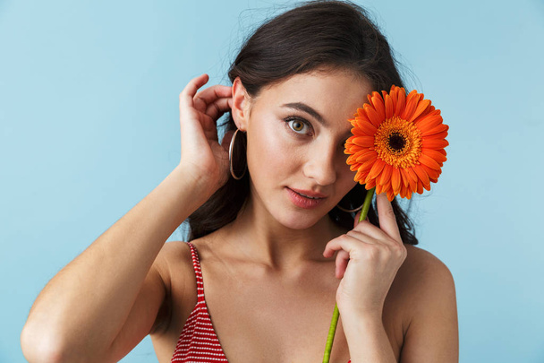 Lovely girl wearing summer clothes standing isolated over blue background, posing with a herbera flower - Zdjęcie, obraz