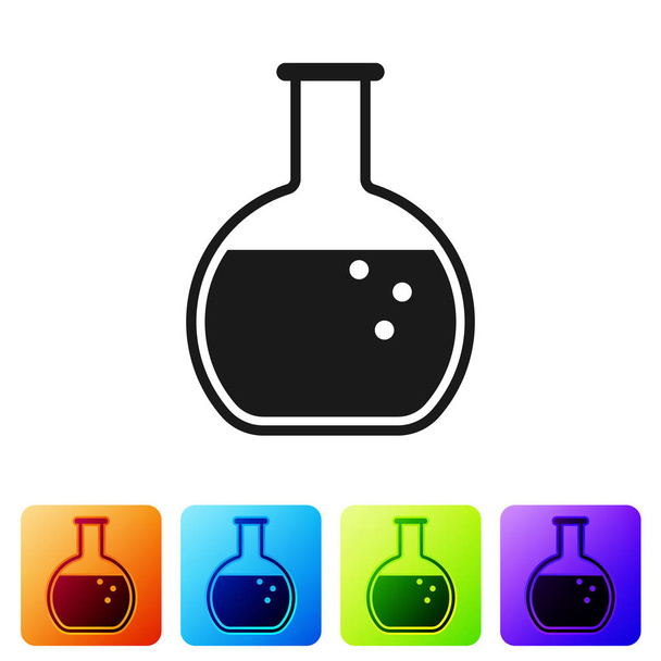 黒のテスト チューブとフラスコ - 化学実験室テスト アイコンが白い背景で隔離。カラー正方形ボタンのアイコンを設定します。ベクトル図 - ベクター画像