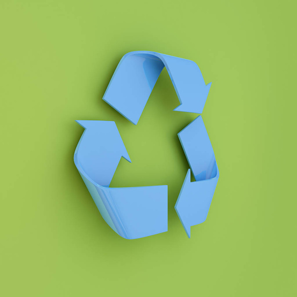 緑の背景に青のリサイクル マーク。3 d イラストレーション. - 写真・画像