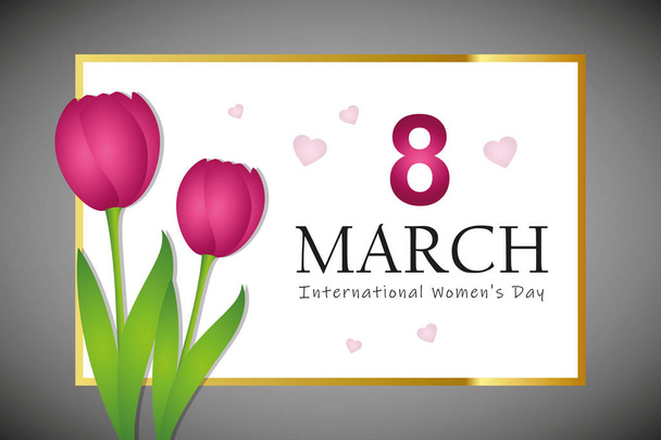 Tarjeta de felicitación del 8 de marzo Día Internacional de la Mujer con tulipanes rosados
 - Vector, imagen
