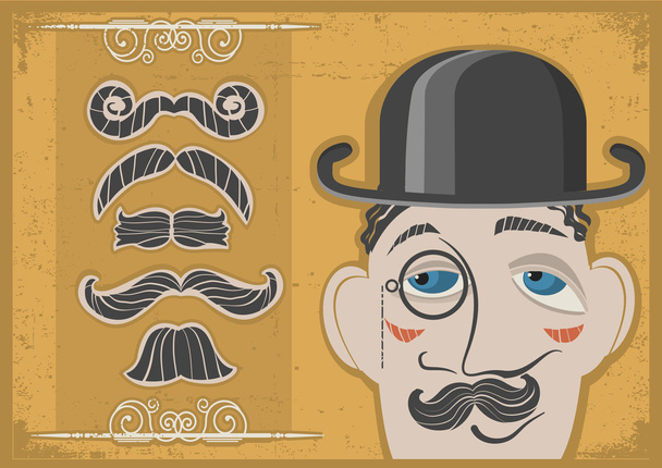 Vintage gentleman face in bowler hat and mustaches on old paper - ベクター画像