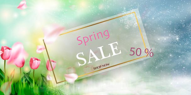 Spring sale background banner with beautiful colorful flower. Vector illustration - Vektör, Görsel