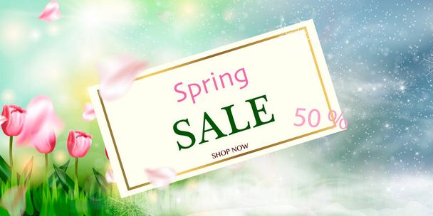 Spring sale background banner with beautiful colorful flower. Vector illustration - Vektor, kép
