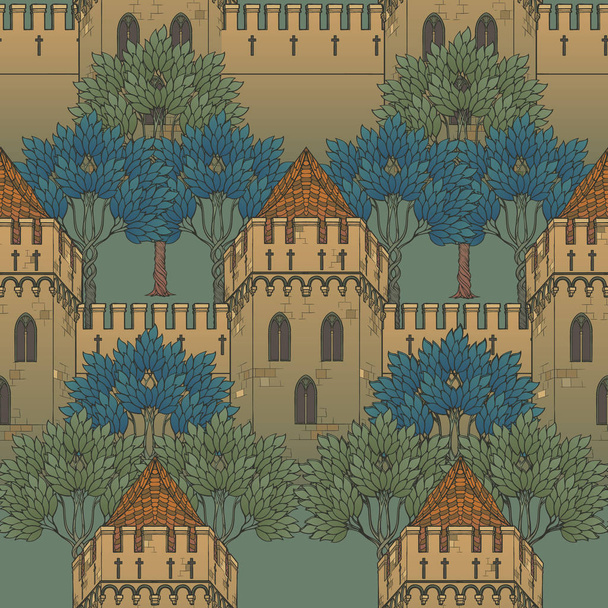 Medieval city architecture. Seamless pattern in a style of a medieval tapestry or illuminated manuscript. - Vector, Image