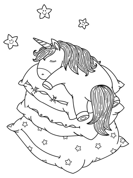 Vector cute, sleeping  unicorn on pillows, black silhouettes for coloring.   - Vektör, Görsel