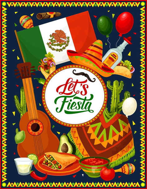 Gitarre, Sombrero, mexikanische Flagge und Fiesta Food - Vektor, Bild