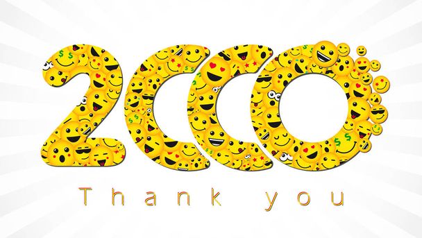 Gracias 2 000 logotipo seguidores. Felicitando a 2.000 brillantes gracias a las redes, amigos netos símbolo amarillo, 2000k signo con la gente se enfrenta. Números sonrientes aislados. Plantilla de diseño gráfico abstracto. Tarjeta de felicitación Happy 2000, fondo decorativo
 - Vector, Imagen