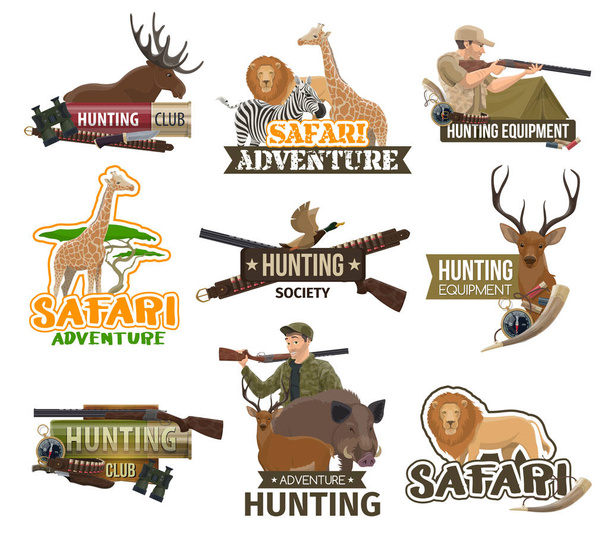 Lovecký klub Safari, africká zvířata lovit ikony - Vektor, obrázek
