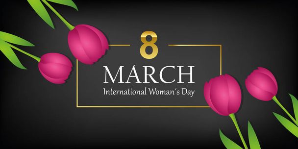 womans day 8th march black greeting card with pink tulips - Vector, Image