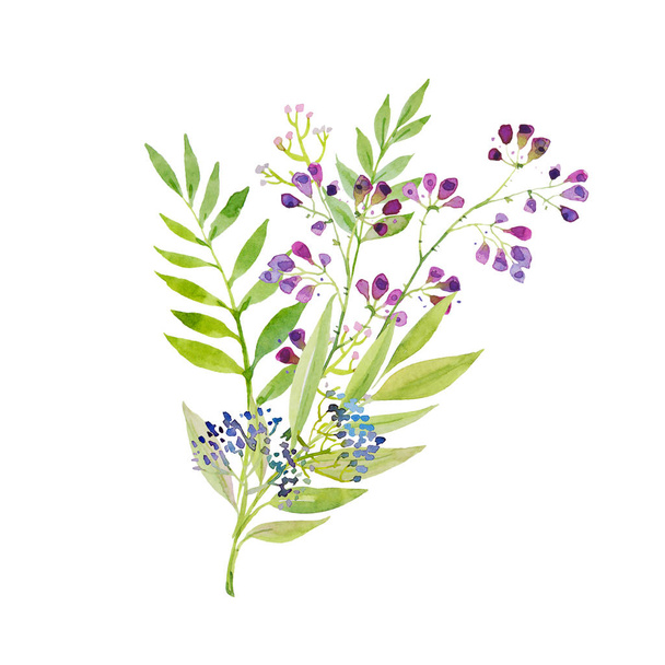 bright delicate bouquet of pink and blue purple flowers and green leaves, watercolor illustration. - 写真・画像