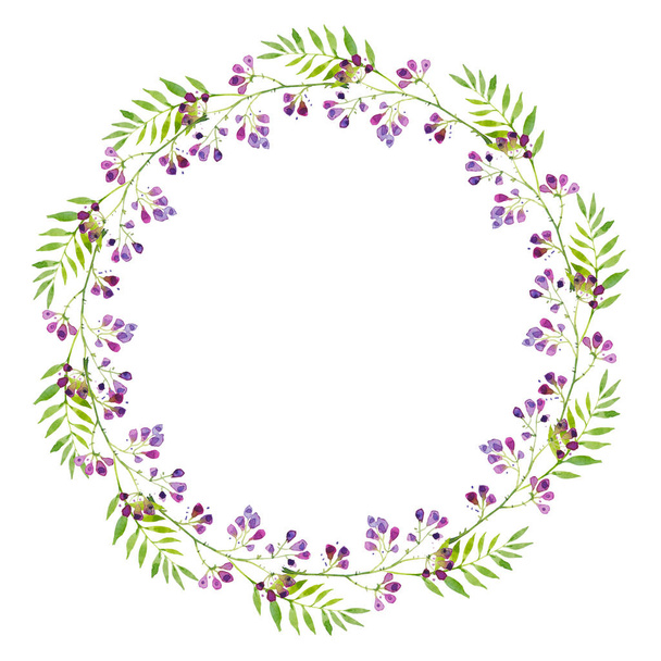 a bright wreath of branches of purple flowers and green leaves, watercolor illustration. Hand drawing for print, greetings, logos - Foto, imagen